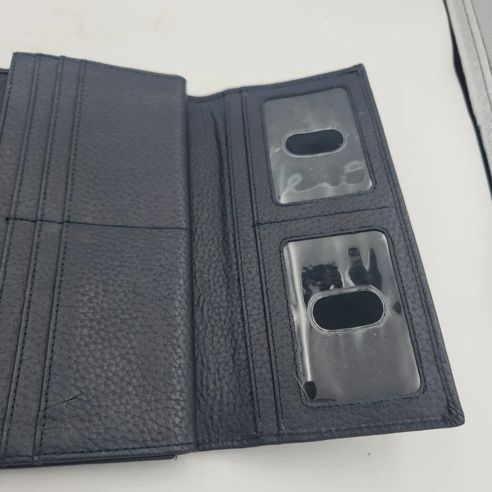 Estalon Pebbled‎ Leather RFID Long Wallet Trifold Snap Closure - Navy Blue